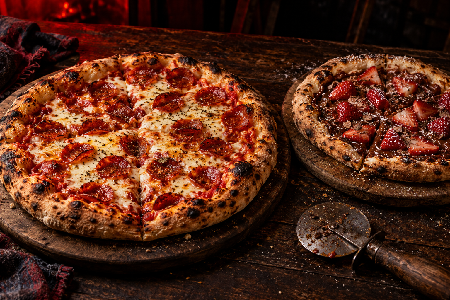 Pizza de pepperoni e mozzarella e pizza doce de chocolate com morango